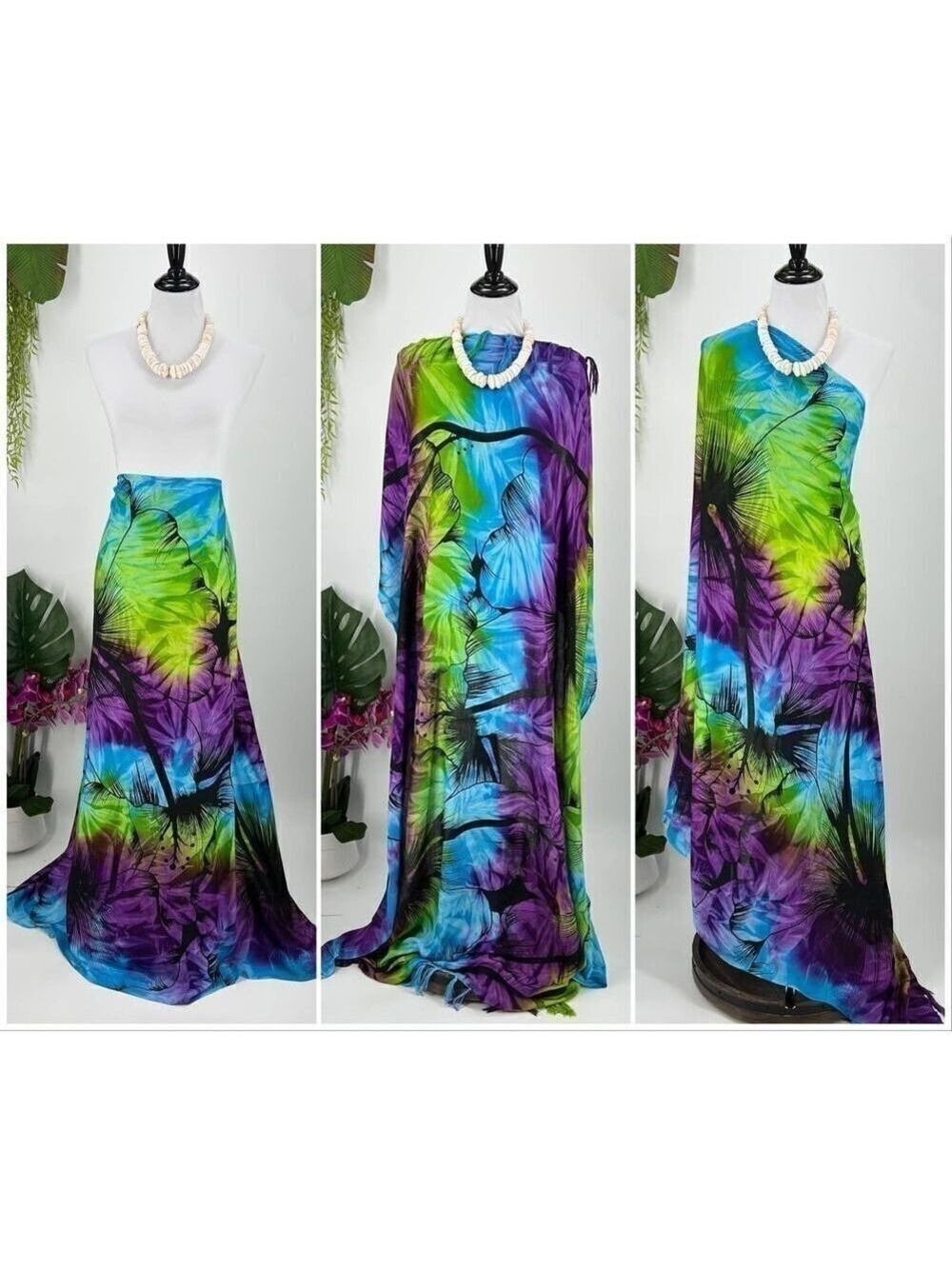 Purple/Green/Blue Tie Dye Hibiscus MAXI SARONG Kīkepa Pareo Beach Wrap Skirt